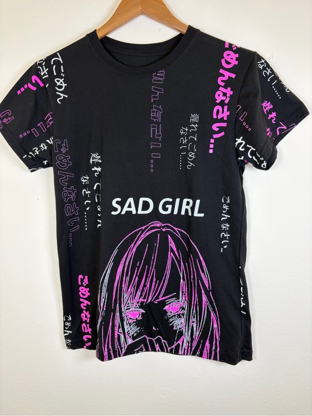 Fresh Laundry Sad Girl Anime Graphic Tee Small Black Japanese Streetwear Y2K